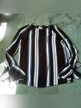 Tri-Color Striped Bell Sleeve Blouse